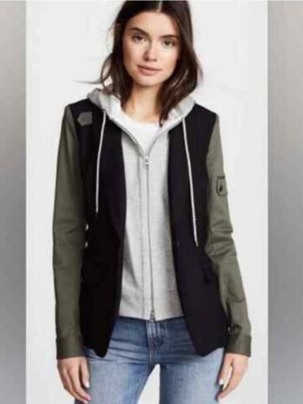 Vici Women's Size M Black/Army Green Colorblock Zip Up Detachable Hooded Blazer